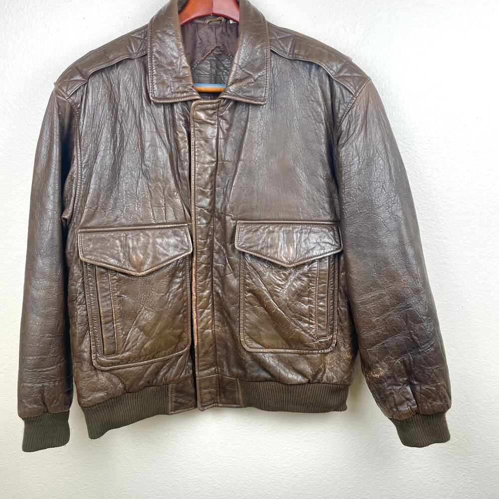 Vintage‎ Mens Bomber Jacket Sz M Genuine Lambskin Leather Distressed Brown Pilot